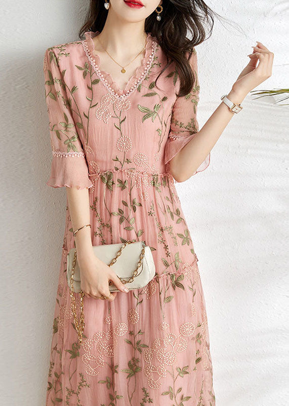 Floral Embroidered Crinkle Mesh V-Neck Lace Trim Ruffle Cuff Empire Waist Midi Dress