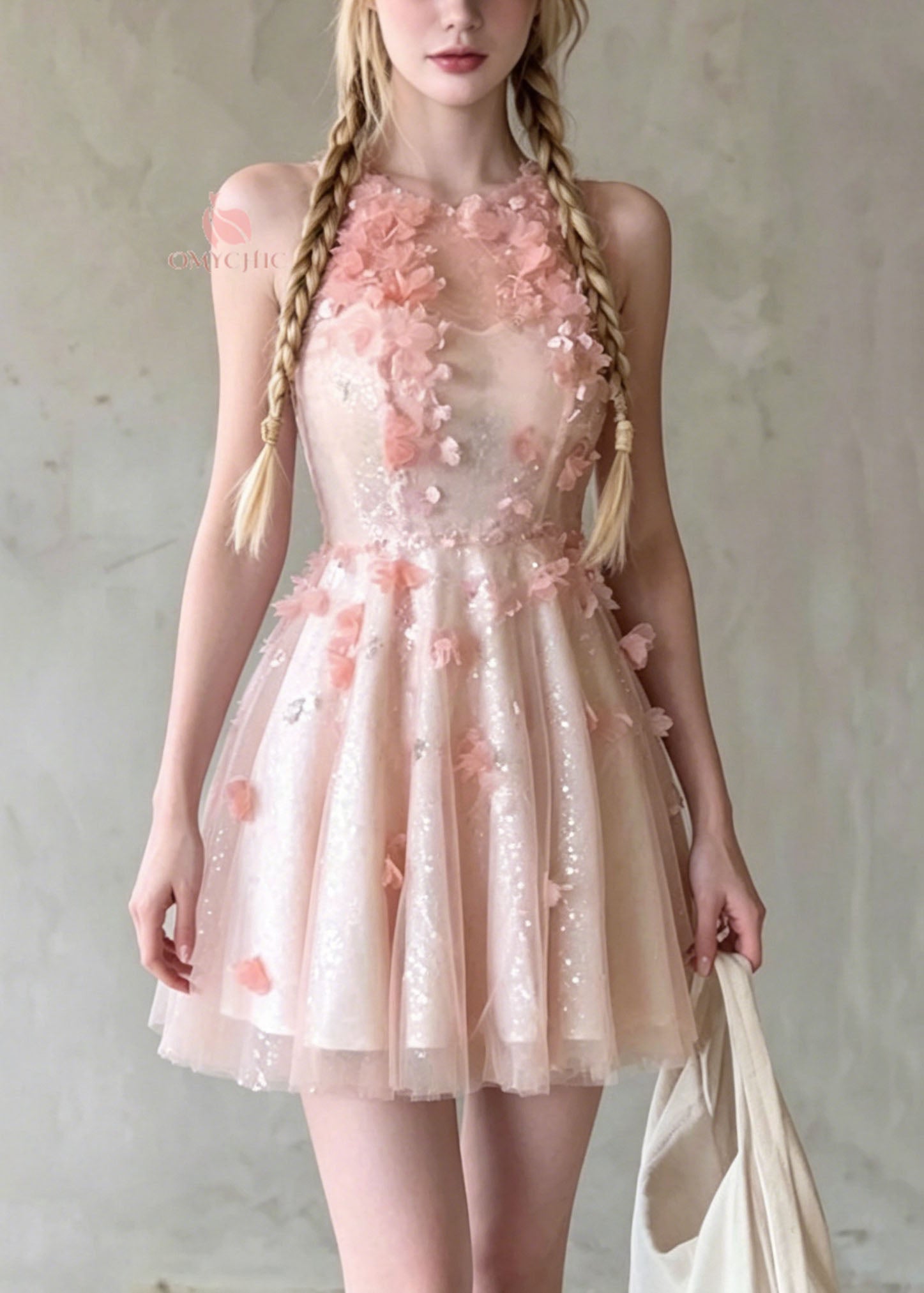 Sequin Mesh High Neck 3D Floral Appliqué Tiered Tulle Mini Party Dress