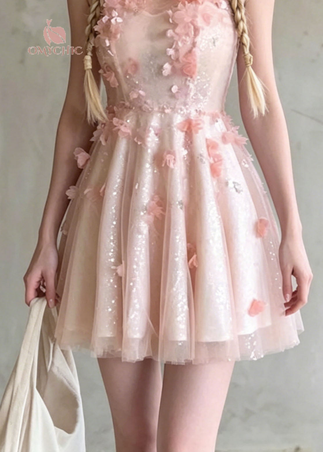 Sequin Mesh High Neck 3D Floral Appliqué Tiered Tulle Mini Party Dress