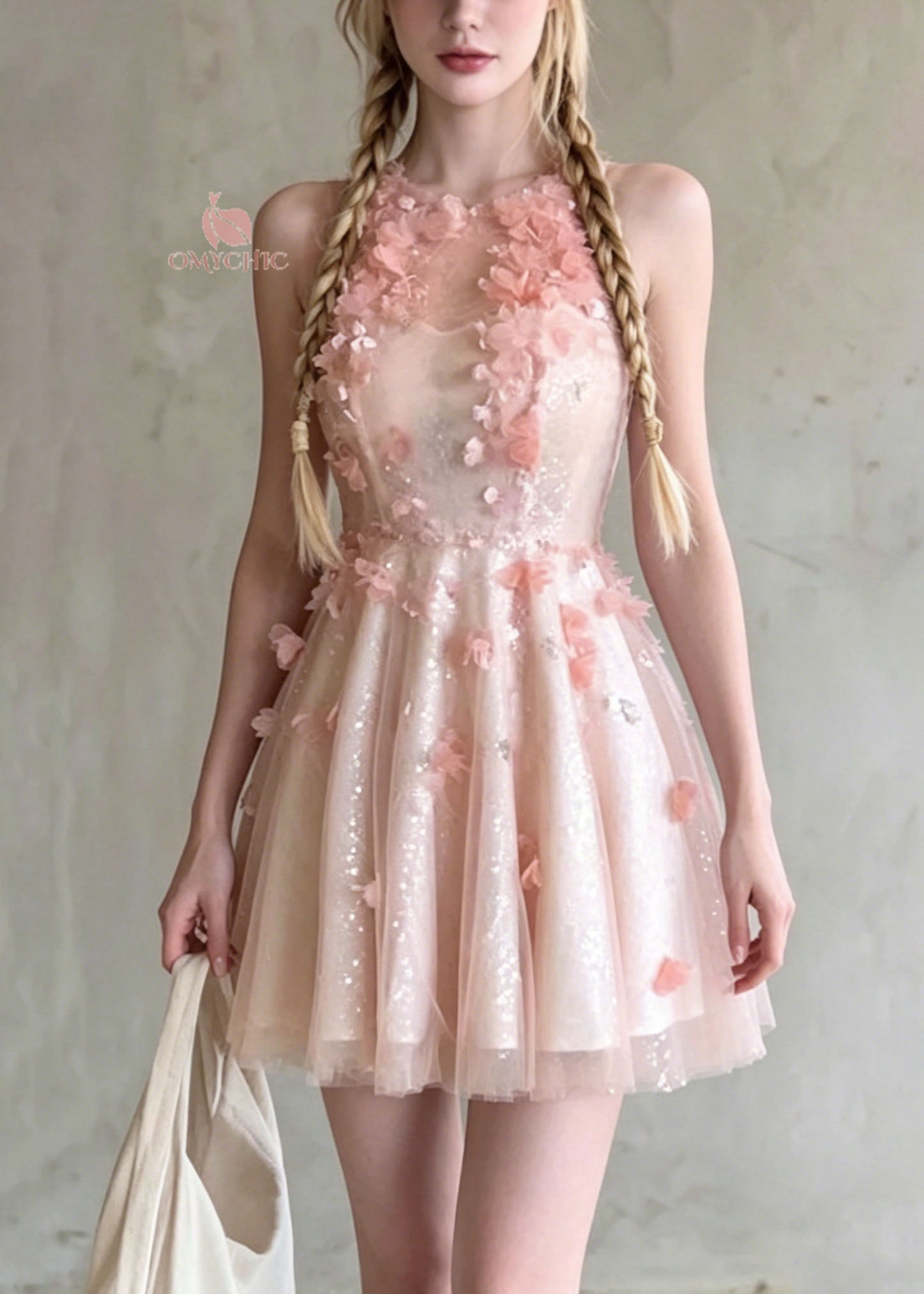 Sequin Mesh High Neck 3D Floral Appliqué Tiered Tulle Mini Party Dress