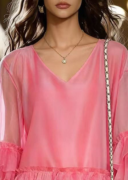 Chiffon V-Neck Tiered Ruffle Sleeve High Low Ruffle Mini Dress
