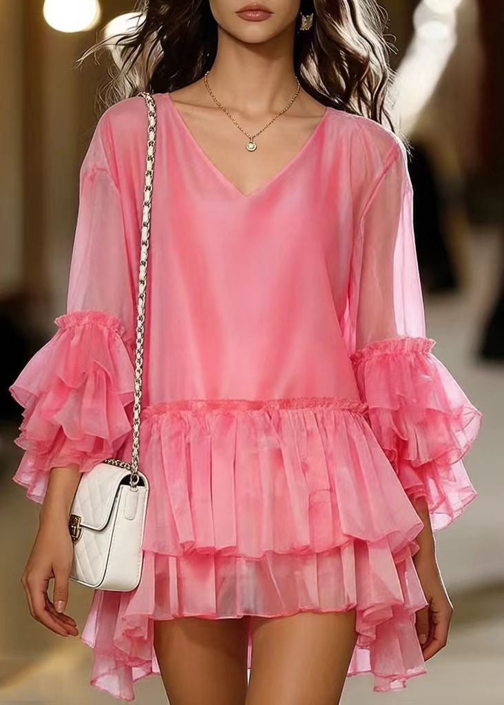 Chiffon V-Neck Tiered Ruffle Sleeve High Low Ruffle Mini Dress