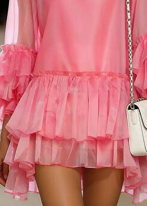 Chiffon V-Neck Tiered Ruffle Sleeve High Low Ruffle Mini Dress