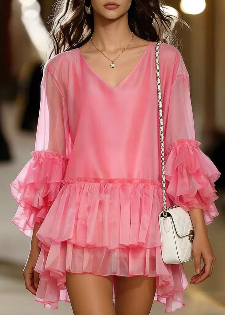 Chiffon V-Neck Tiered Ruffle Sleeve High Low Ruffle Mini Dress - View 5