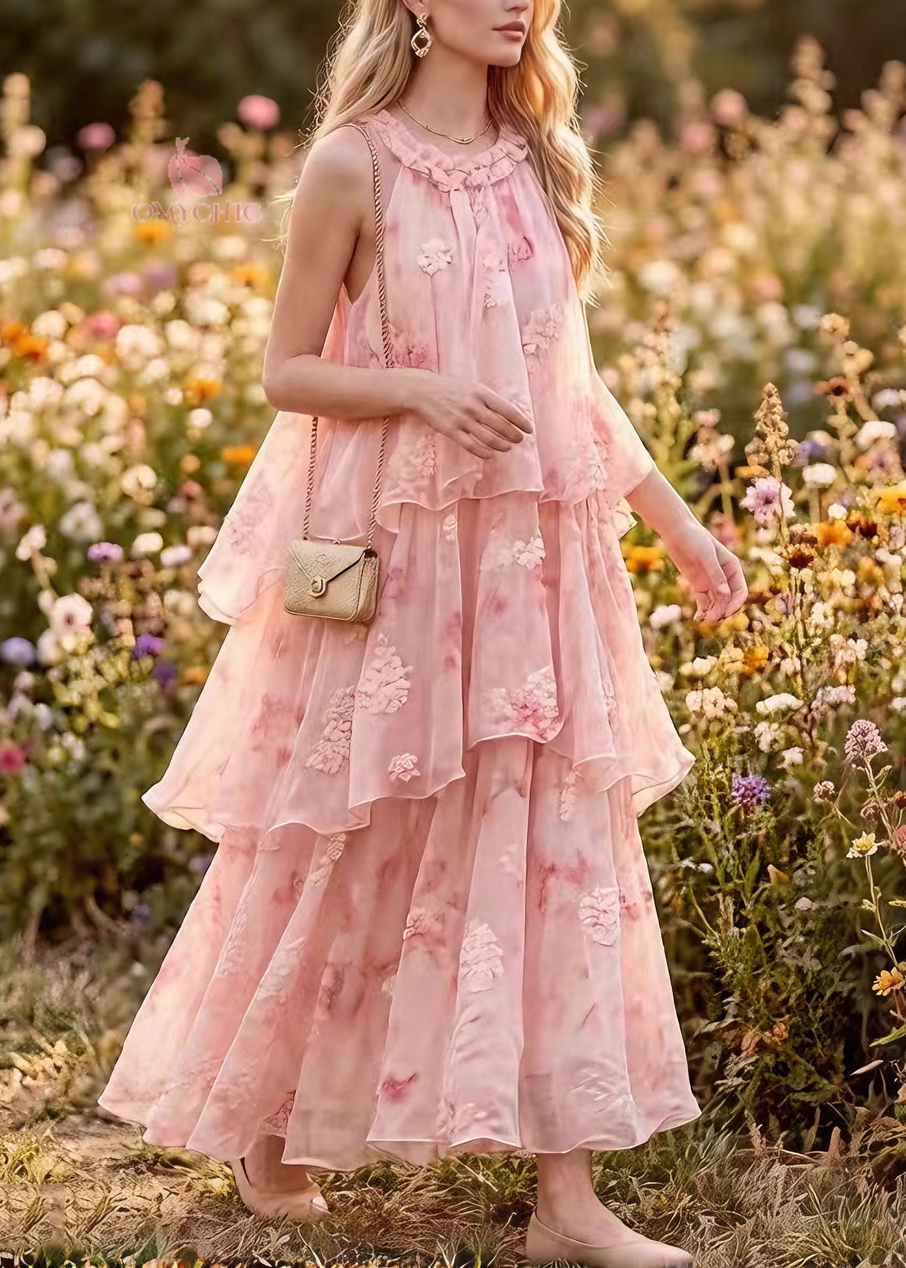 French Pink Ruffled Patchwork Chiffon Maxi Dresses Summer - View 3
