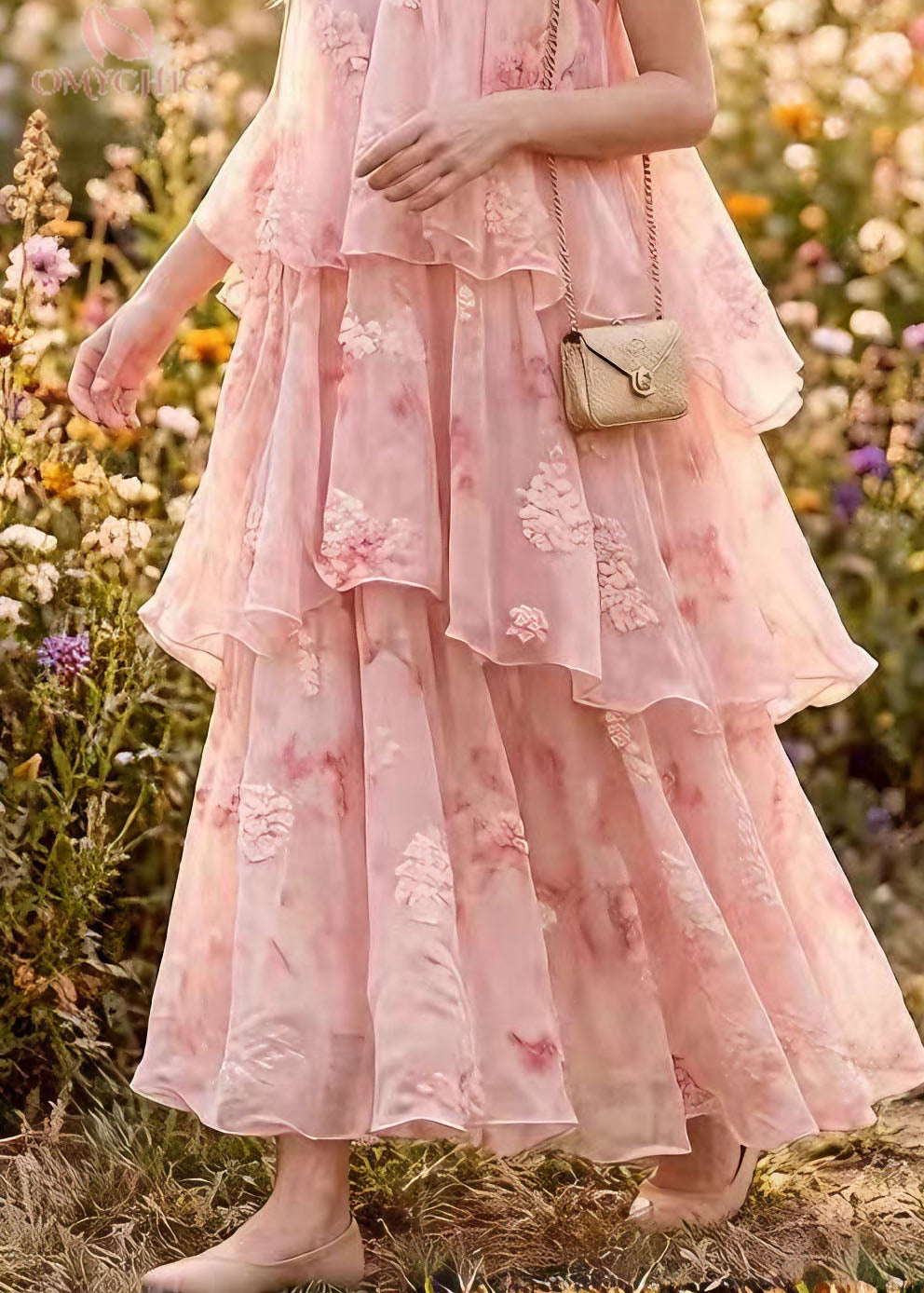 French Pink Ruffled Patchwork Chiffon Maxi Dresses Summer - View 4