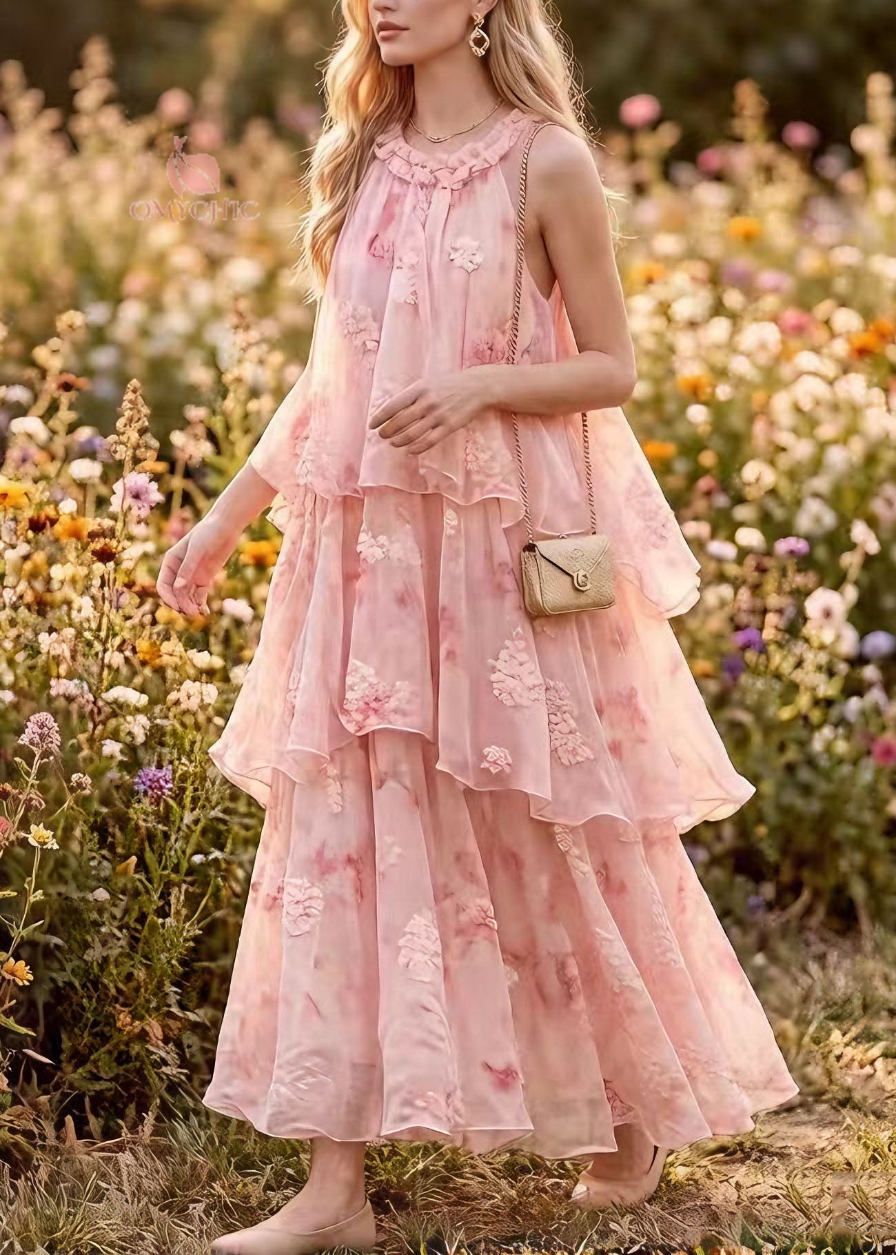 French Pink Ruffled Patchwork Chiffon Maxi Dresses Summer - View 5