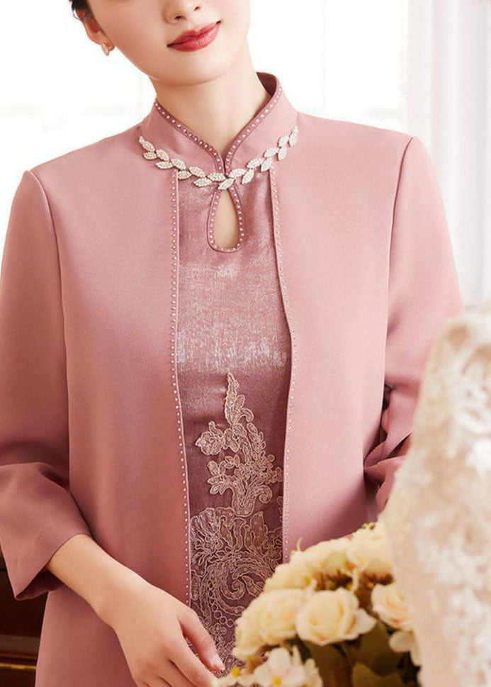 Floral Lace Mandarin Collar Keyhole Beaded Trim Dress Open Front Coat Two Piece Set
