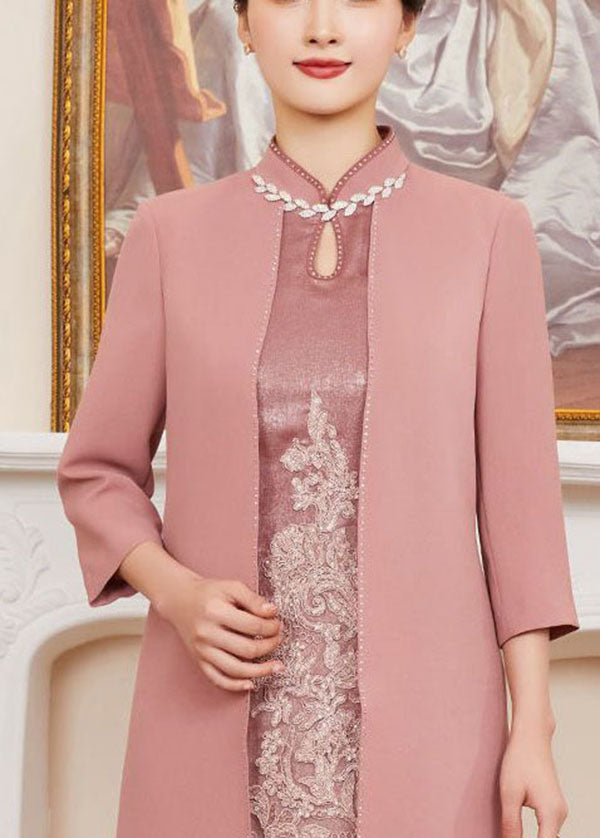 Floral Lace Mandarin Collar Keyhole Beaded Trim Dress Open Front Coat Two Piece Set