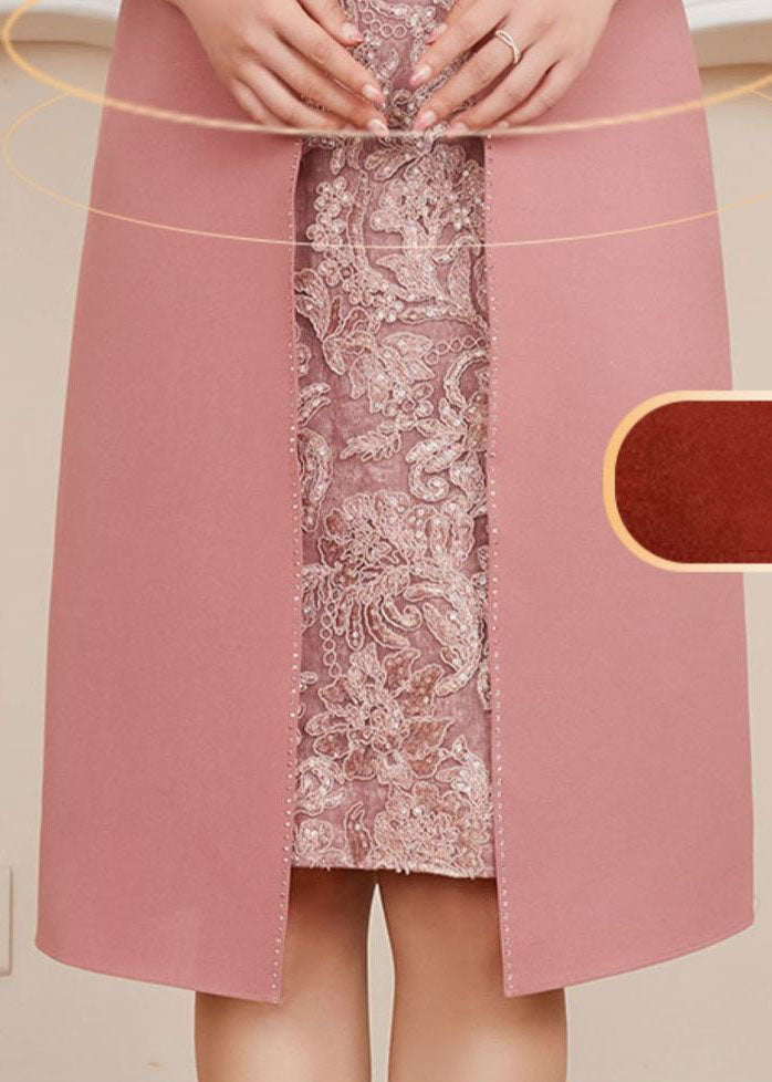 Floral Lace Mandarin Collar Keyhole Beaded Trim Dress Open Front Coat Two Piece Set