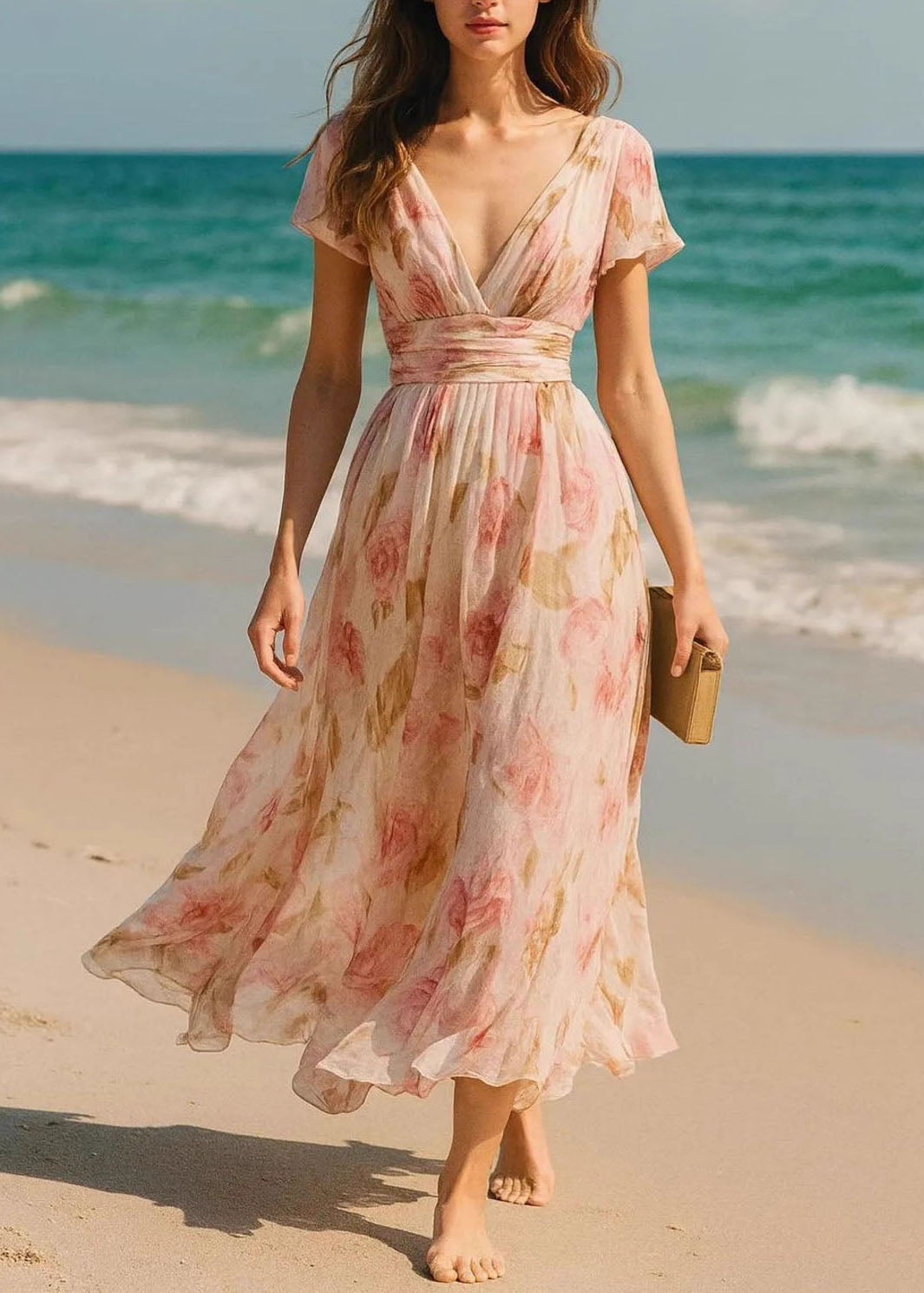 French Pink V Neck Print Chiffon Maxi Dresses Summer - View 2