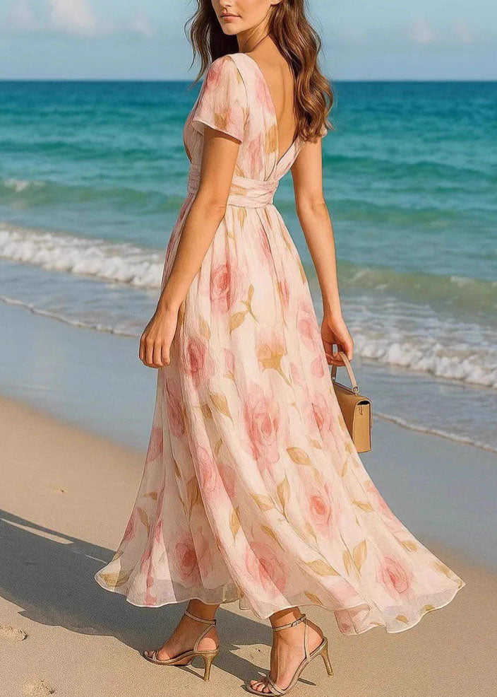 French Pink V Neck Print Chiffon Maxi Dresses Summer - View 4