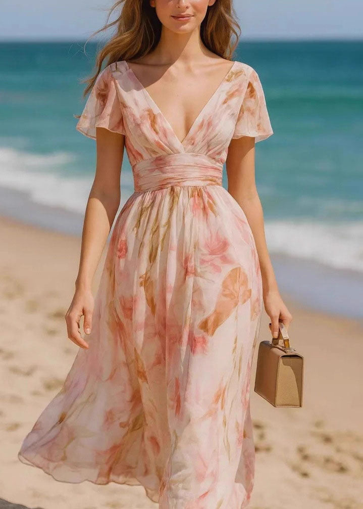 French Pink V Neck Print Chiffon Maxi Dresses Summer - View 5