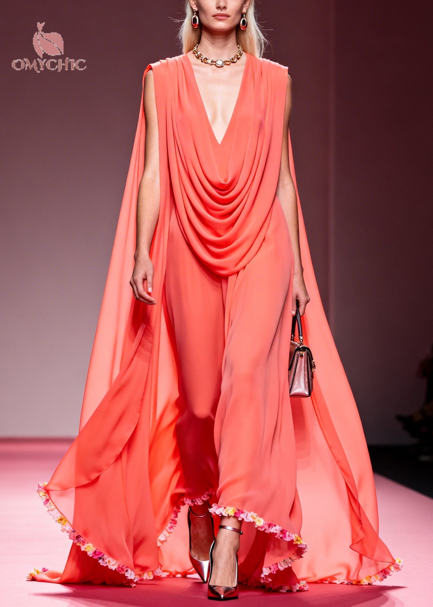 French Pink V Neck Wrinkled Exra Large Hem Chiffon Party Dress Summer