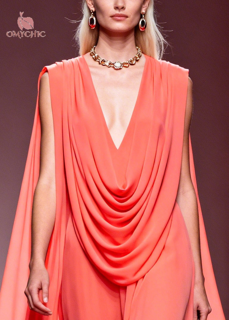Chiffon Cowl Neck Cape Overlay Floral Ruffle Hem Wide Leg Jumpsuit