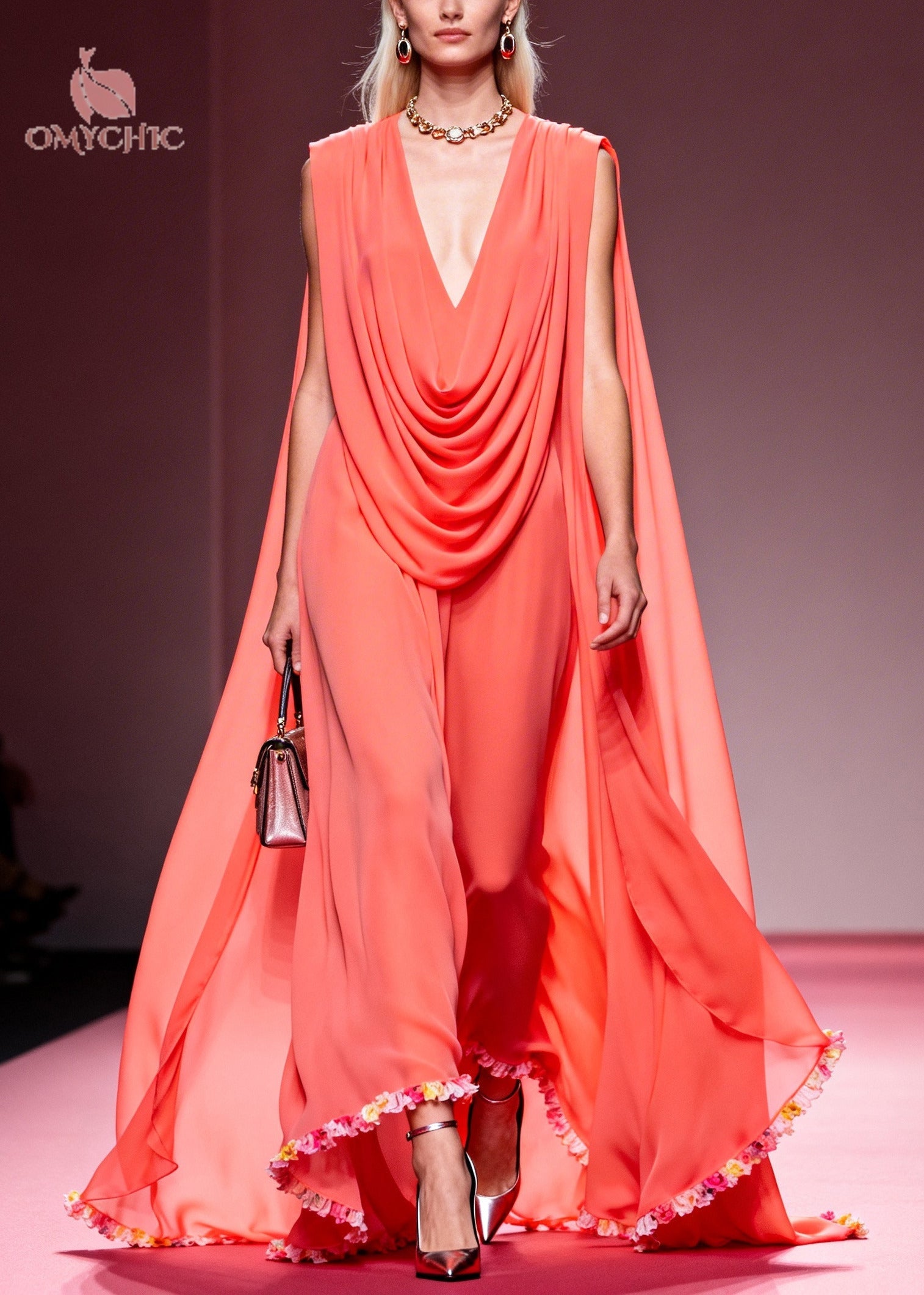 French Pink V Neck Wrinkled Exra Large Hem Chiffon Party Dress Summer