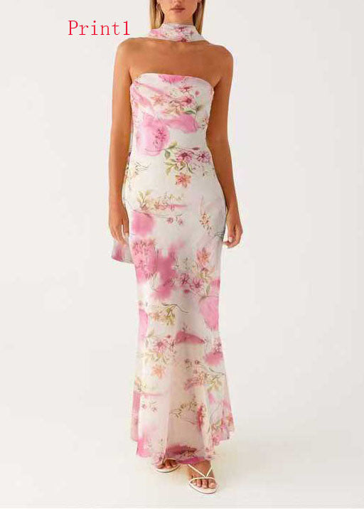 Floral Print Strapless Mermaid Maxi Dress with Neck Scarf