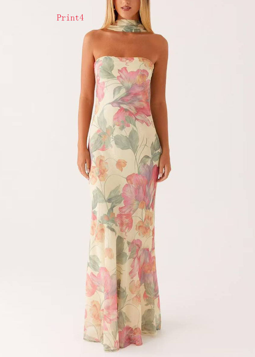 French Print Chiffon Strapless Maxi Dresses Sleeveless - View 4