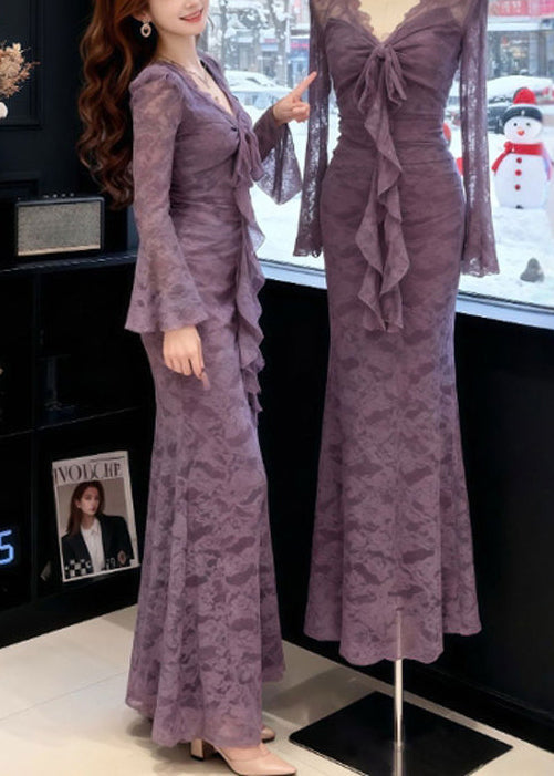 French Purple Bow Lace Slim Fit Maxi Dresses Spring 3