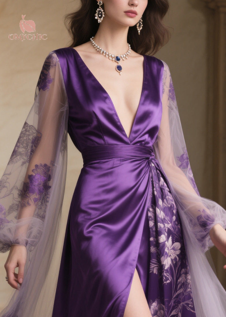 Floral Sheer Cape Sleeve Deep V-Neck Wrap Belt High Split Satin Maxi Gown