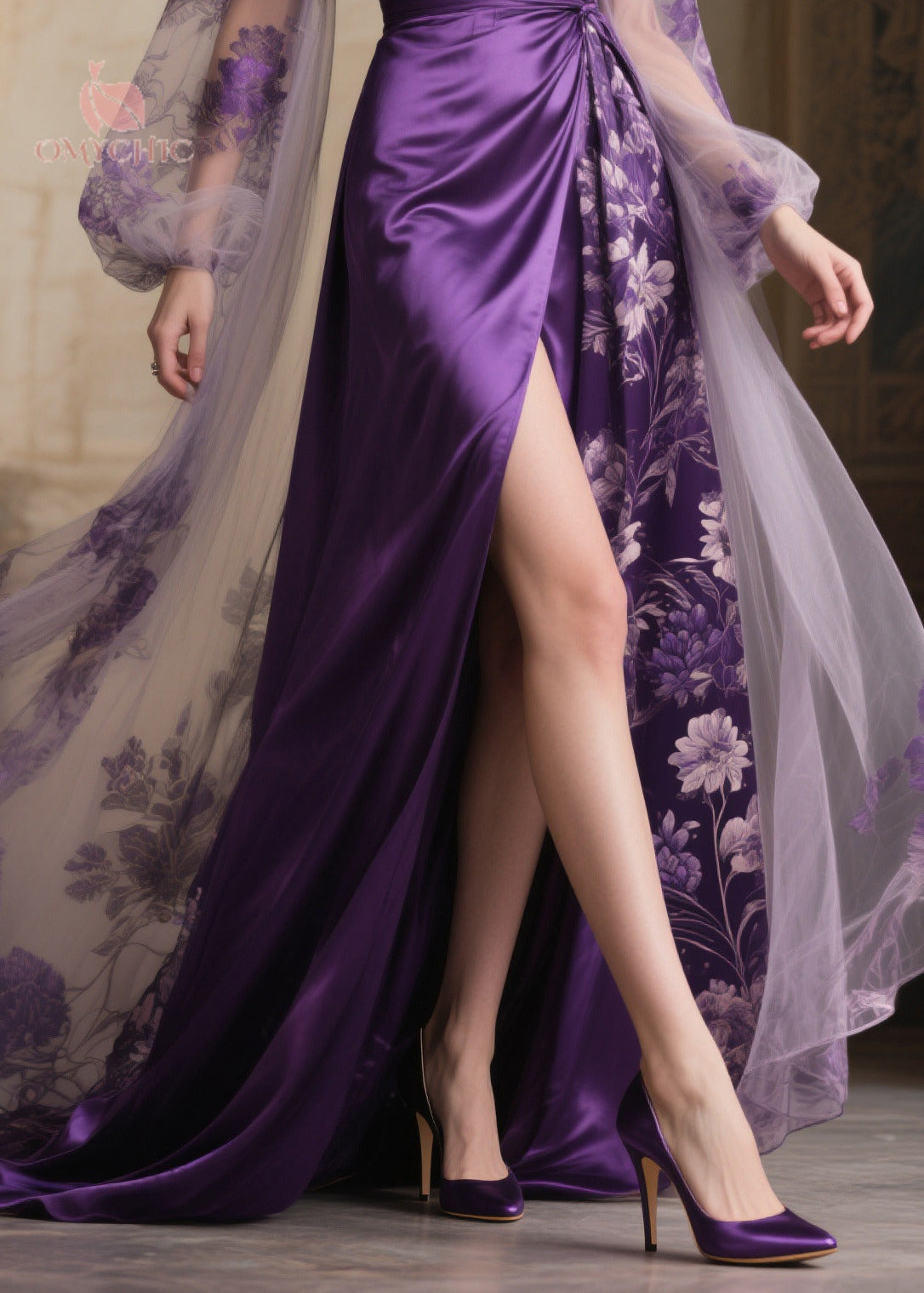 Floral Sheer Cape Sleeve Deep V-Neck Wrap Belt High Split Satin Maxi Gown