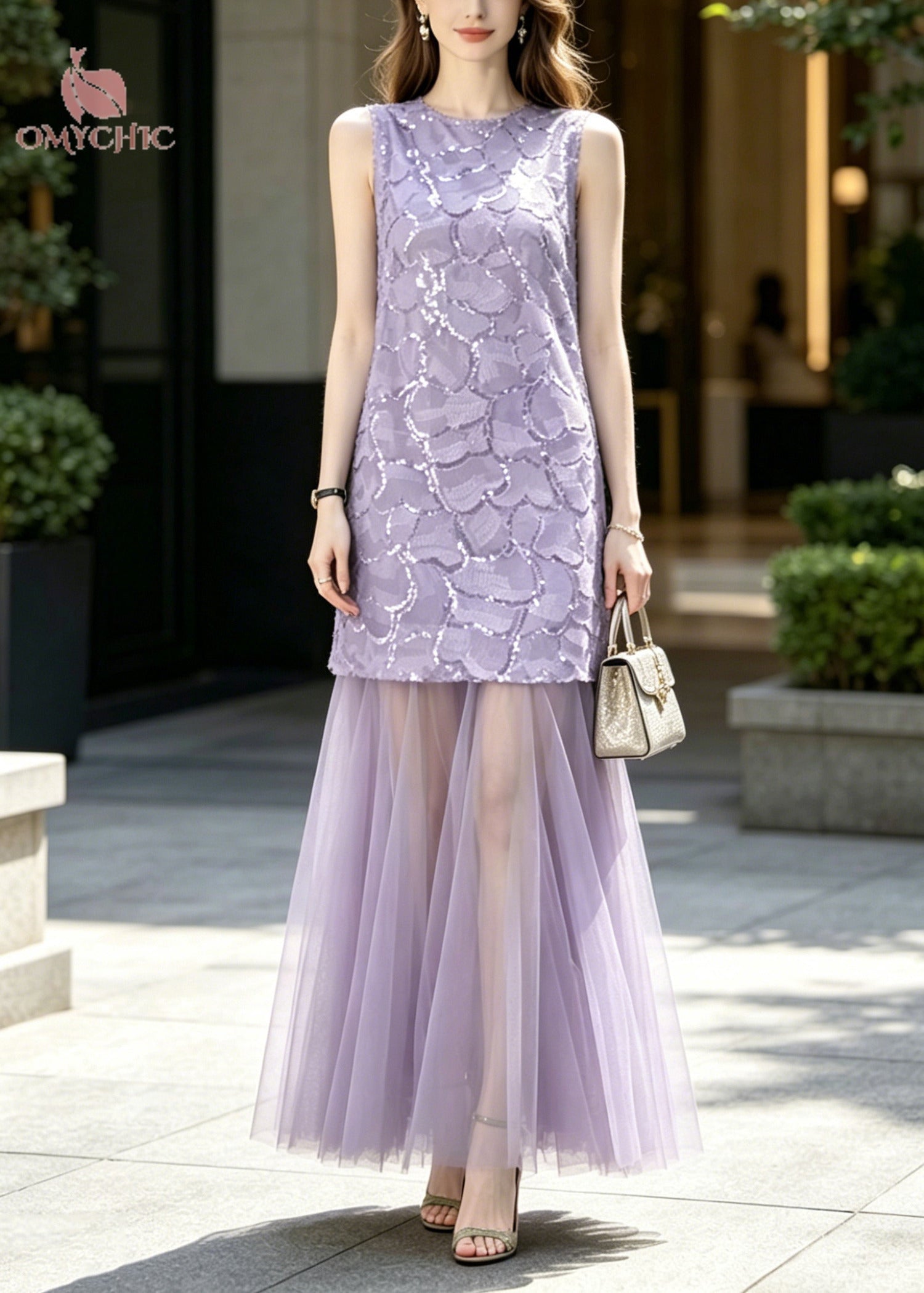 Sequin Tulle Crew Neck Sleeveless Maxi Dress