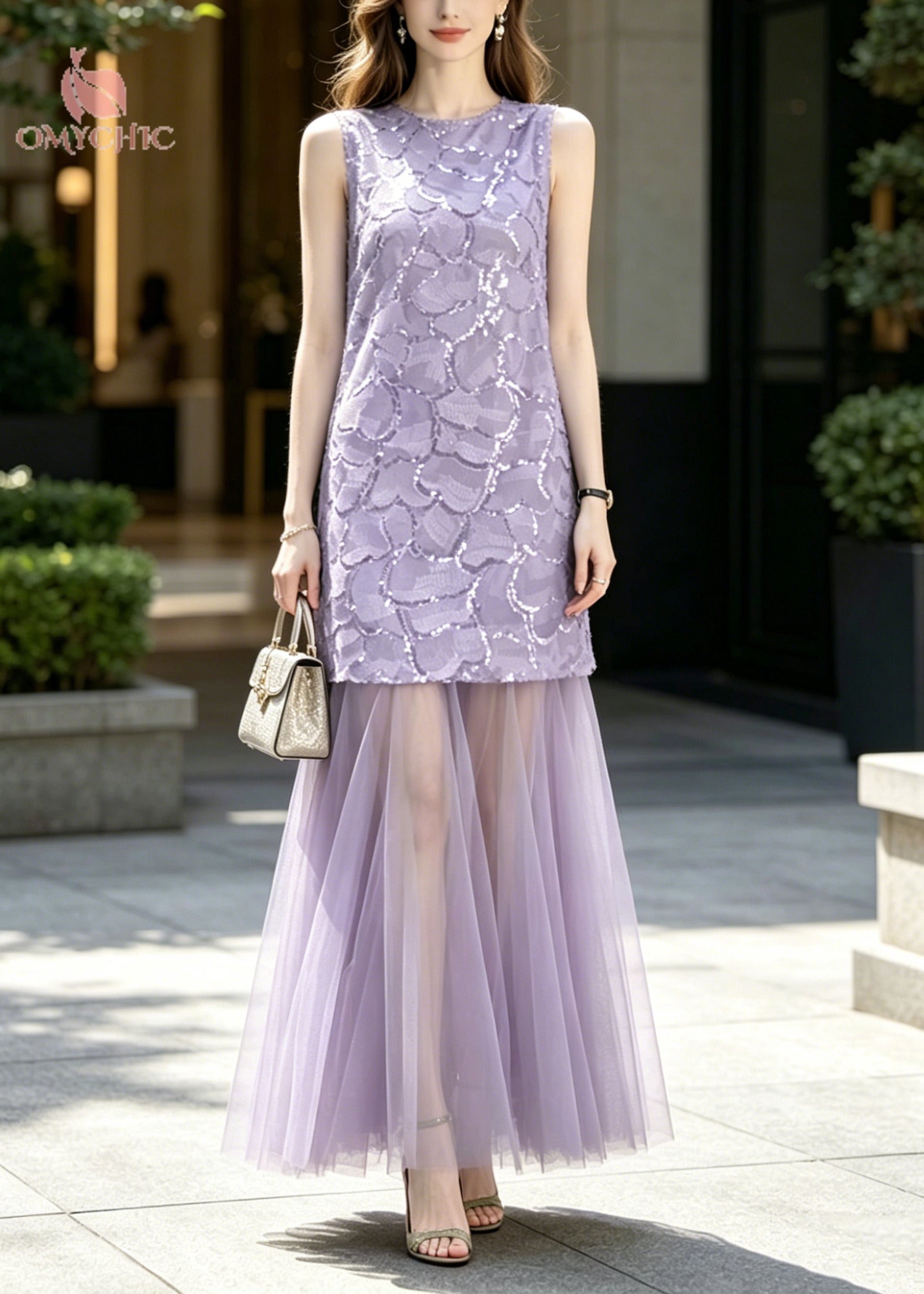 Sequin Tulle Crew Neck Sleeveless Maxi Dress