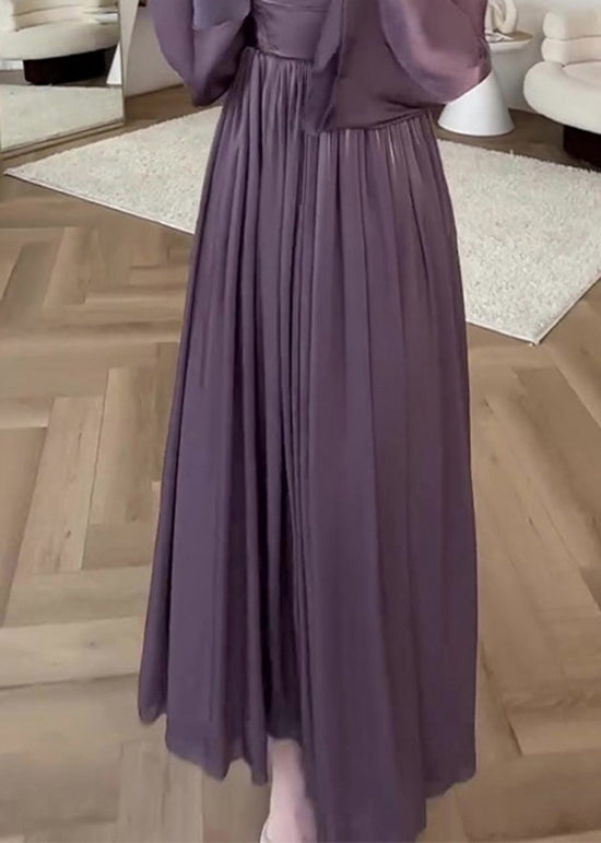 Satin Square Neck Draped Bust Corset Waist Pleated Long Sleeve Maxi Gown