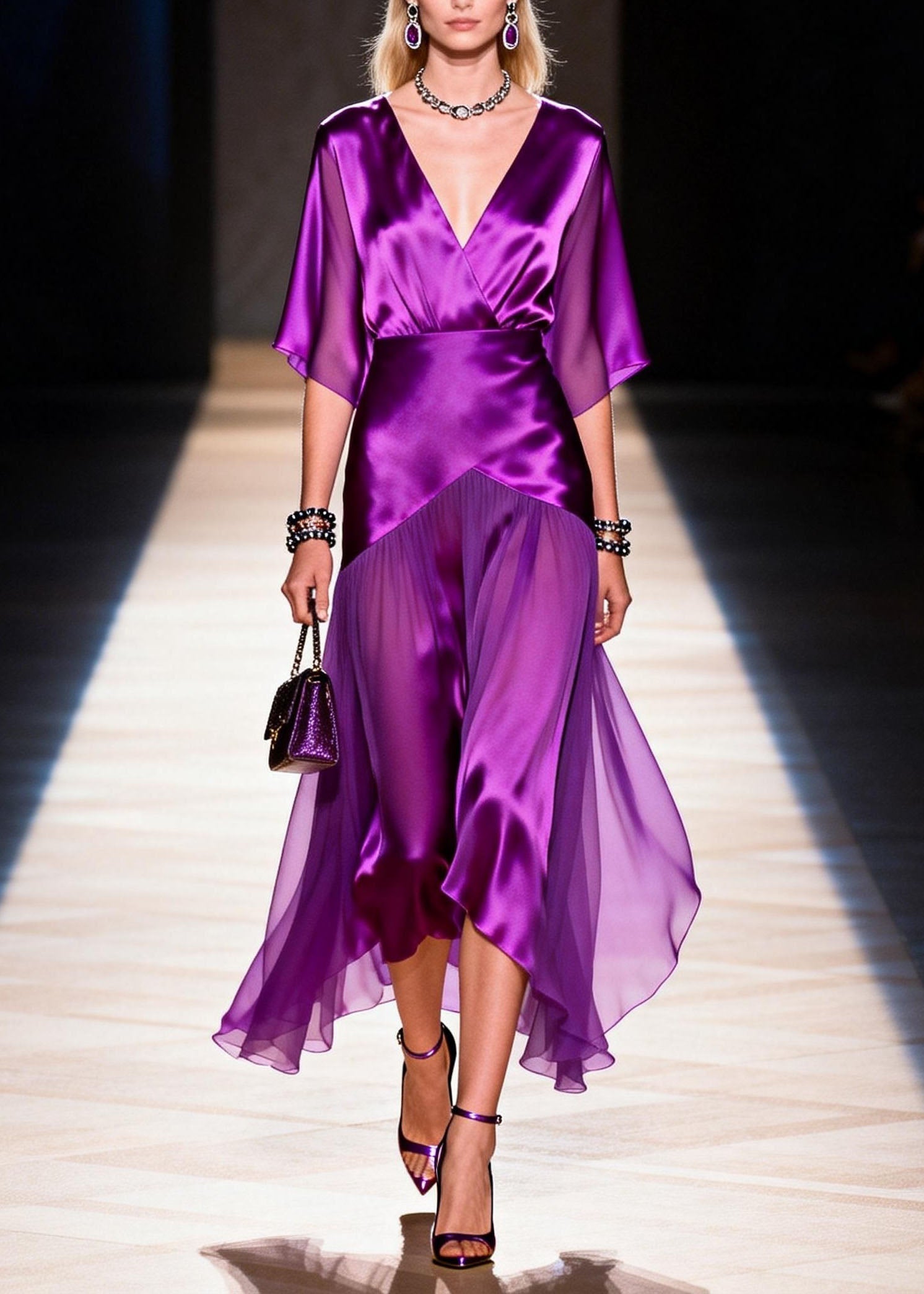 Satin Wrap Deep V-Neck Flutter Sleeve Handkerchief Hem Asymmetric Midi Dress