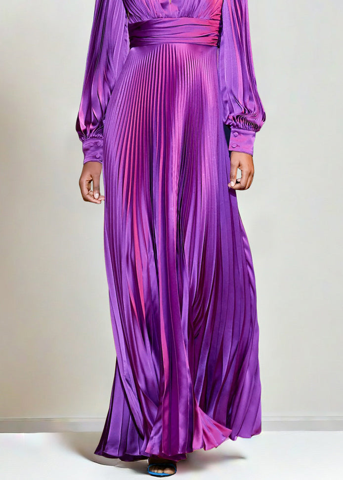 Pleated Satin Deep V-Neck Long Sleeve Wide Waistband Maxi Gown