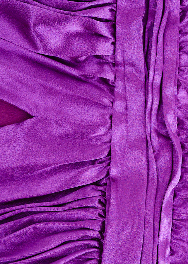 Pleated Satin Deep V-Neck Long Sleeve Wide Waistband Maxi Gown