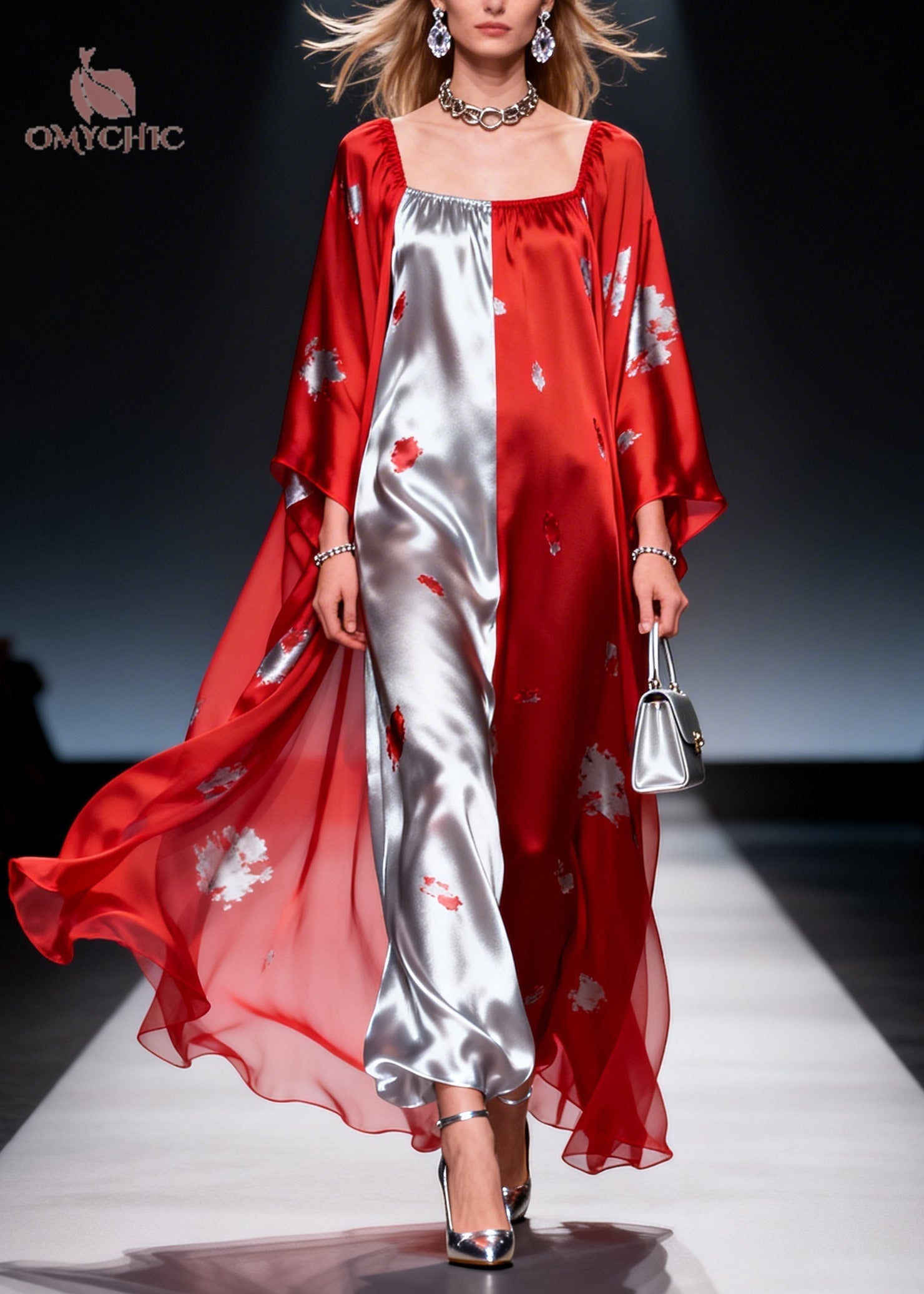 French Red Asymmetrical Patchwork Print Chiffon Maxi Dress Summer - View 3