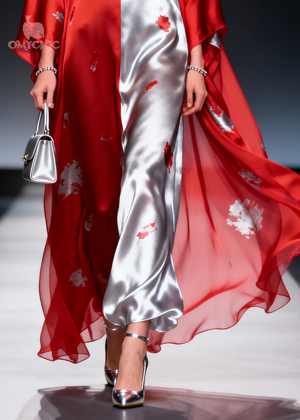 French Red Asymmetrical Patchwork Print Chiffon Maxi Dress Summer - View 4