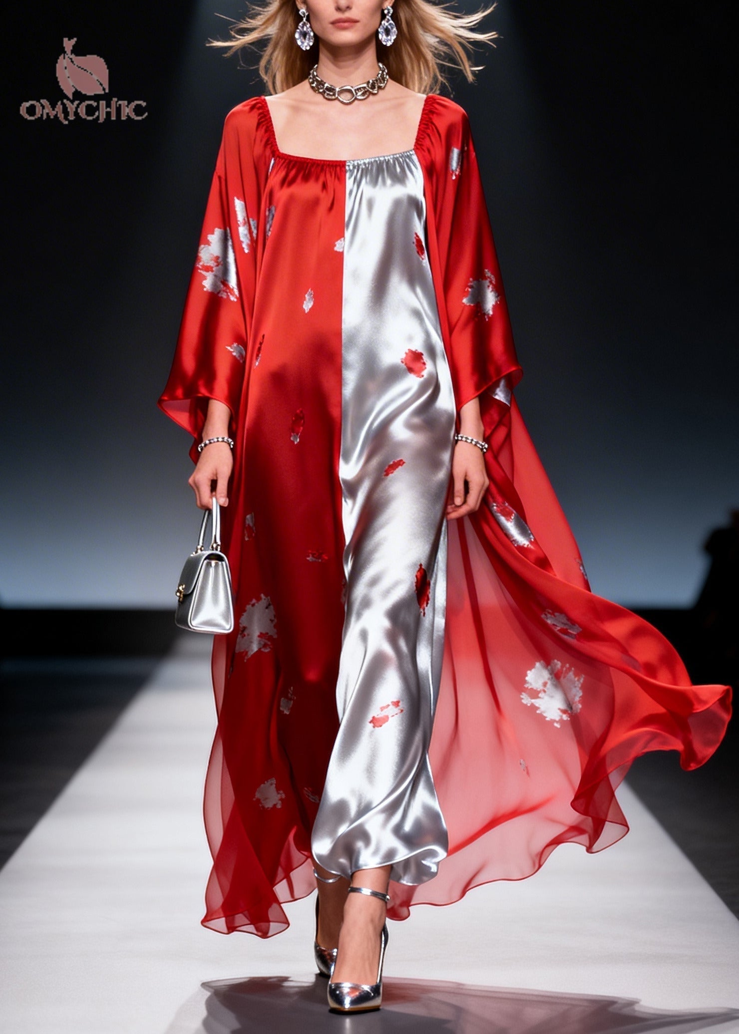 French Red Asymmetrical Patchwork Print Chiffon Maxi Dress Summer - View 5