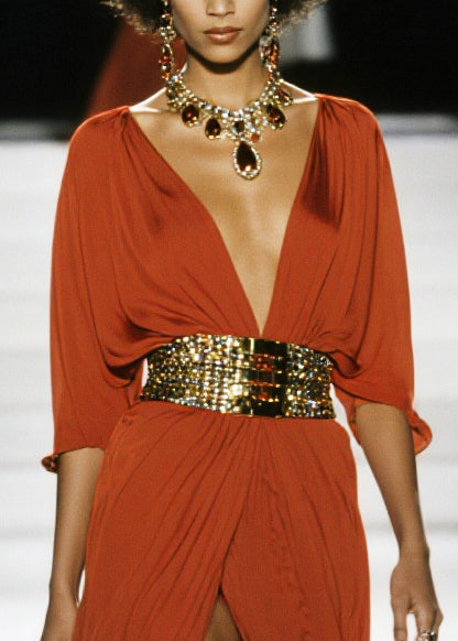 Deep V-Neck Three Quarter Sleeve Embellished Belt High Split Flowing Chiffon Maxi Gown