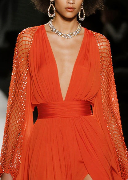 Sequin Mesh Bell Sleeve Deep V-Neck Ruched Waist High Split Maxi Gown
