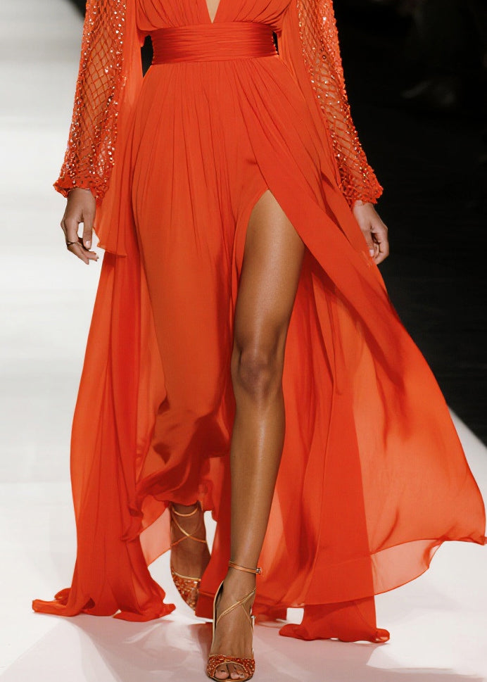 Sequin Mesh Bell Sleeve Deep V-Neck Ruched Waist High Split Maxi Gown