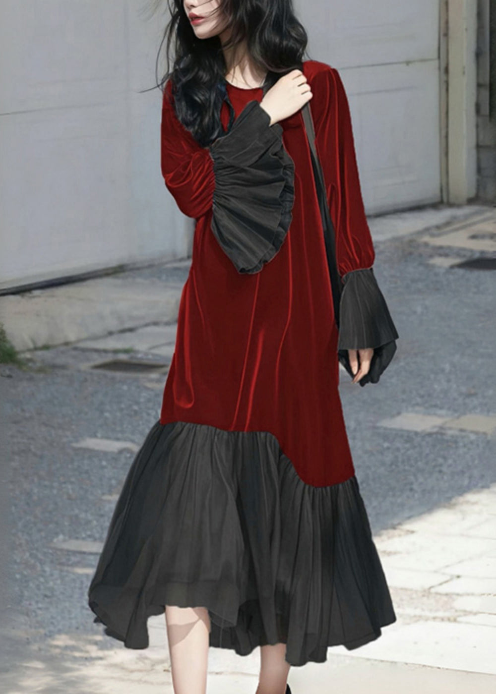 Velvet Round Neck Long Sleeve Chiffon Ruffle Cuff Hem Midi Dress