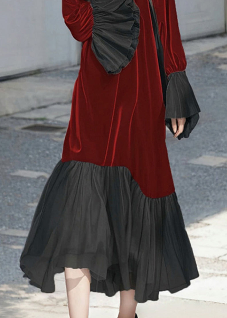 Velvet Round Neck Long Sleeve Chiffon Ruffle Cuff Hem Midi Dress