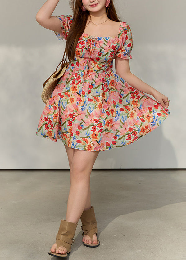 French Red Square Collar Print Cotton Mini Dress Summer