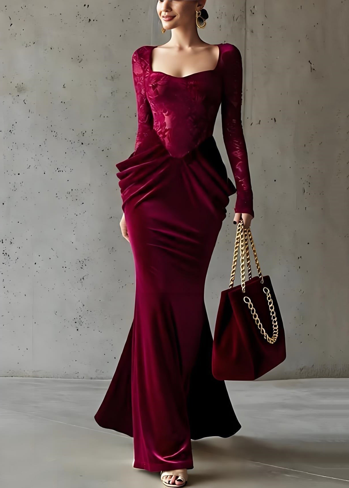 Velvet Lace Long Sleeve Sweetheart Neck Sculpted Hip Mermaid Gown