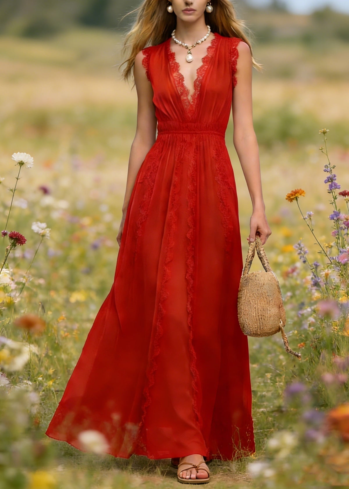 Lace Trim V-Neck Sleeveless Gathered Waist Flowy Maxi Dress 5