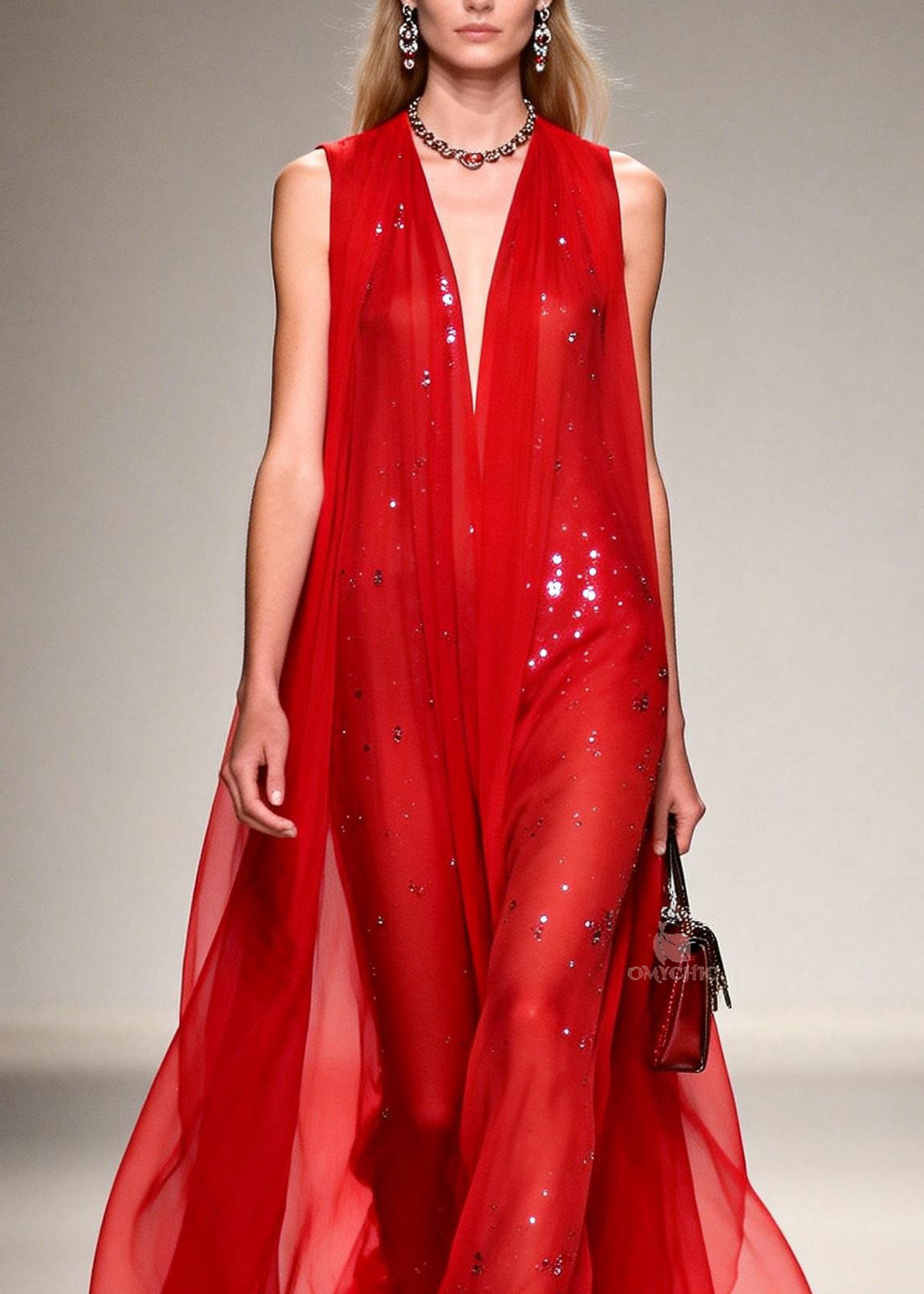 French Red V Neck Zircon Patchwork Chiffon Ankle Dress Sleeveless