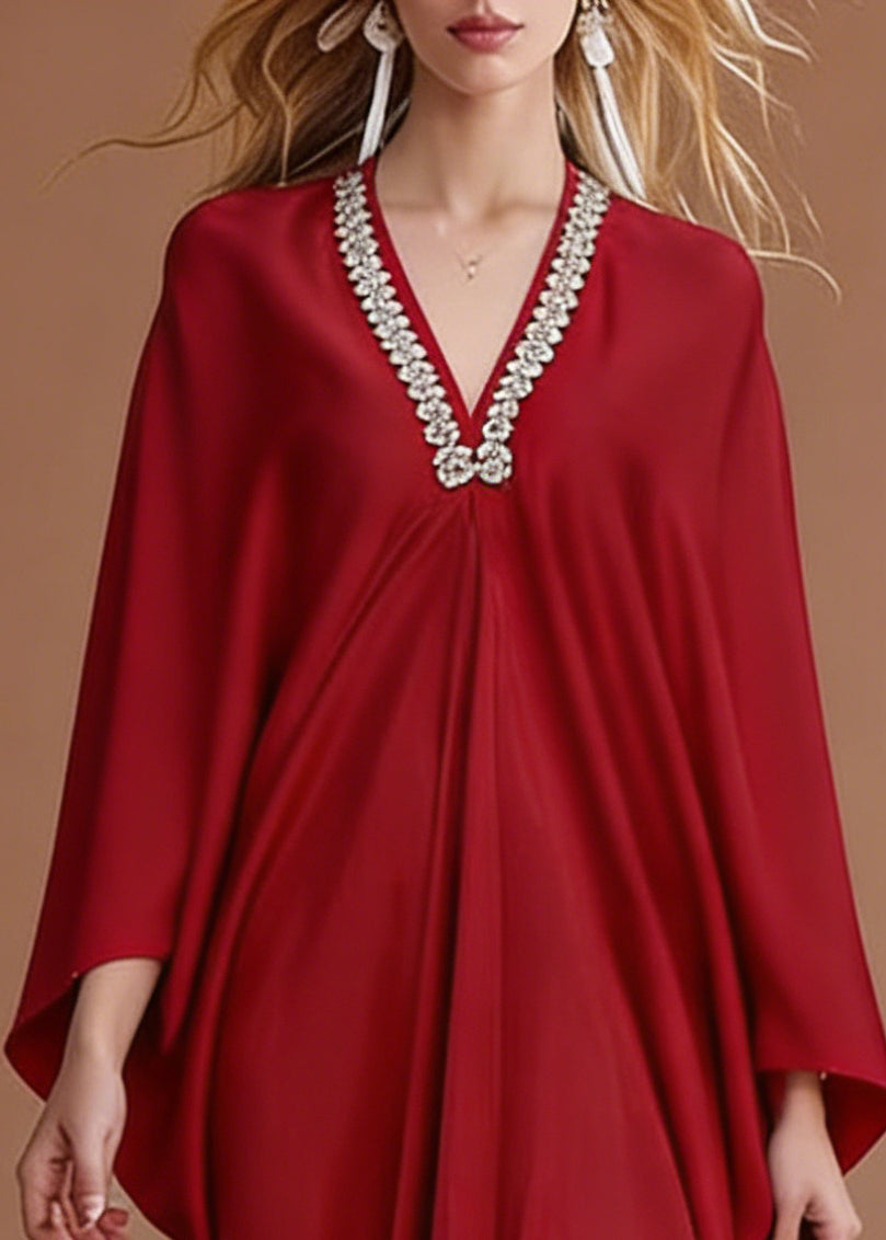 Satin Rhinestone Deep V-Neck Batwing Sleeve High Low Kaftan Gown