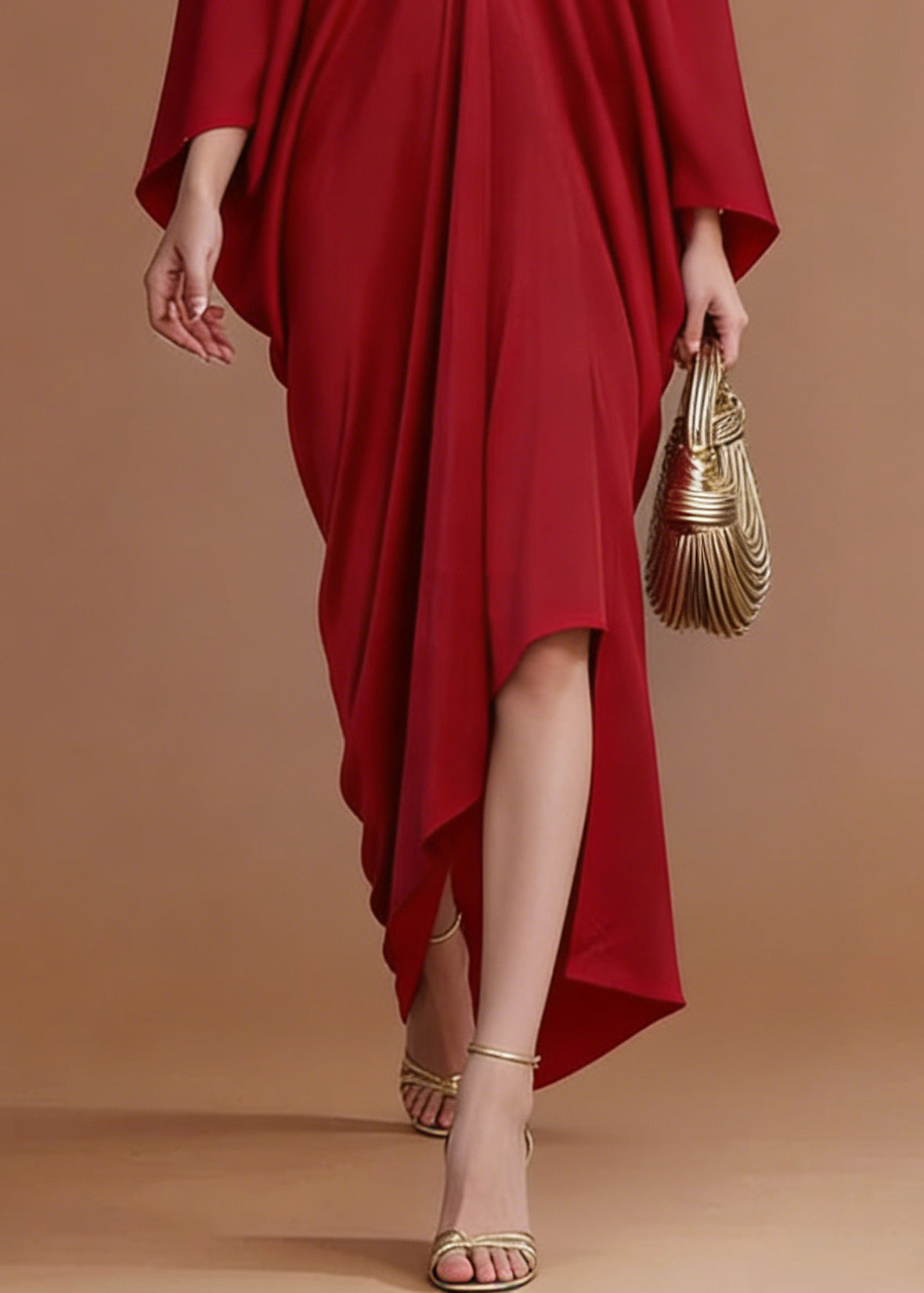 Satin Rhinestone Deep V-Neck Batwing Sleeve High Low Kaftan Gown