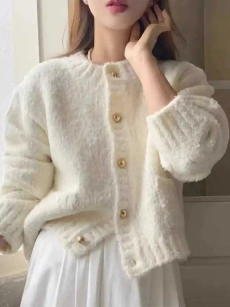 Crew Neck Button Front Patch Pocket Fuzzy Knit Cardigan 5