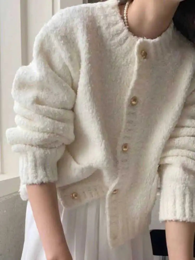 Crew Neck Button Front Patch Pocket Fuzzy Knit Cardigan 3