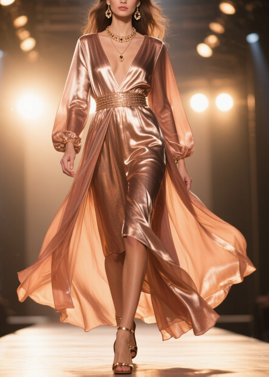 Metallic Deep V-Neck Long Sleeve Sequin Waist High Low Maxi Gown