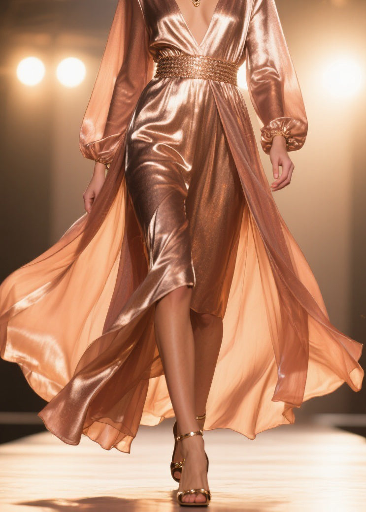 Metallic Deep V-Neck Long Sleeve Sequin Waist High Low Maxi Gown - View 4