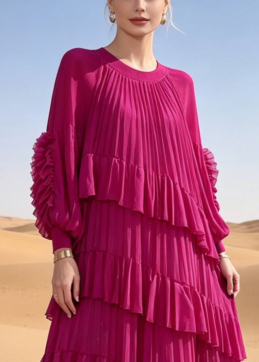 French Rose Oversized Ruffles Chiffon Maxi Dresses Summer - View 2